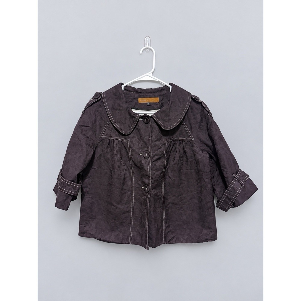 Cynthia Steffe Women's Jacket Size 8 Purple Floral Jacquard 3/4 Sleeve Button Ft
